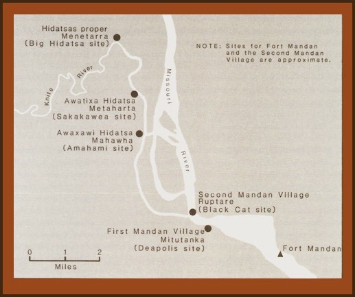 Map of the Fort Mandan village area.  First Mandan Village, Second Mandan Village, Awaxawi Hidatsa, Sakakawea Village, Big Hidatsa Village